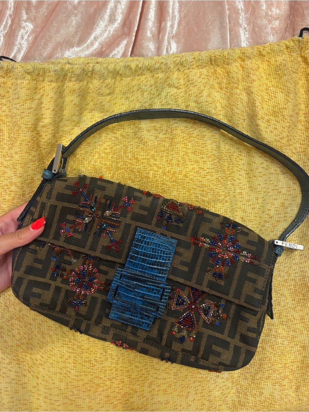 Rare Authentic Vintage Fendi Beaded Baguette – Zucca Canvas & Blue Lizard Trim